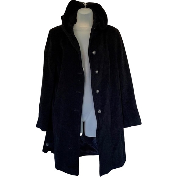 Calvin Klein Wool Angora Black Coat Jacket Hood Button Winter Warm Overcoat - Picture 2 of 8